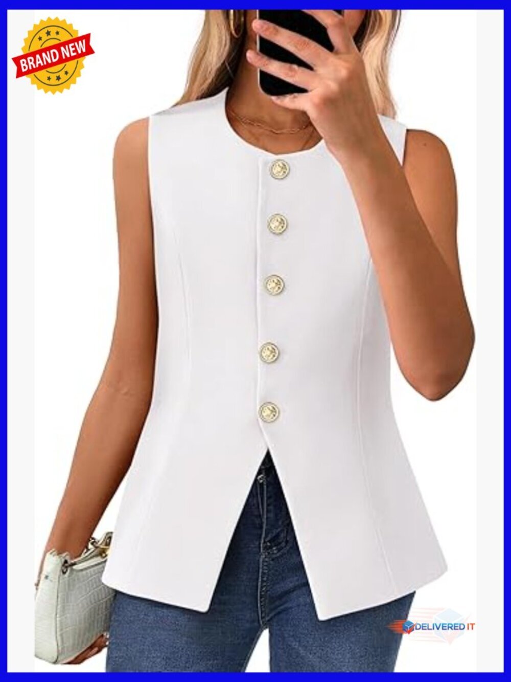 Sleeveless Blazer Vest Women Dressy Button Down Round Neck Work Suit Top